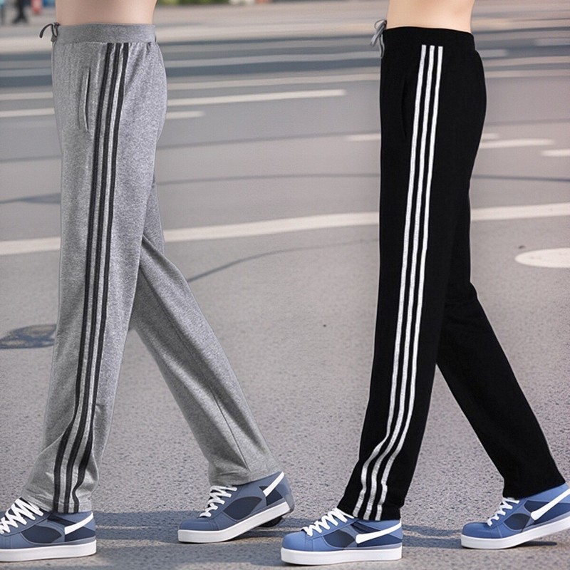 Men's Summer Thin Cotton Straight-Leg Loose Running Pants, Spring and Autumn Style, Three-Stripe Casual Sweatpants
