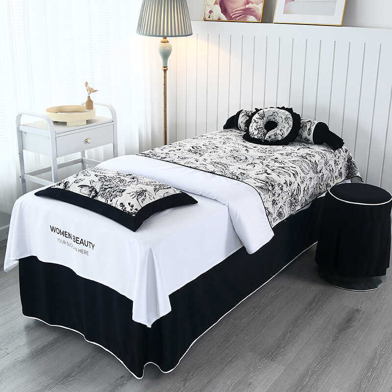 French-Style Beauty Bed Cover Four-Piece Set, High-End Black and White Massage Beauty Salon Massage Ear Cleaning Therapy Bed Cover