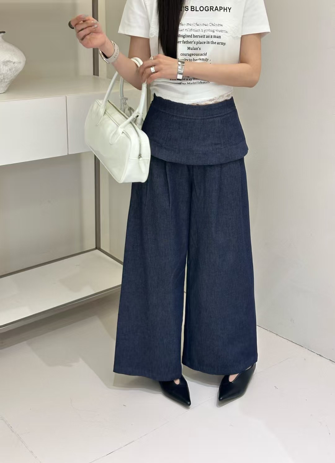 2025夏季新款韩系设计感百搭显瘦时尚假两件系屁帘阔腿裤女休闲裤