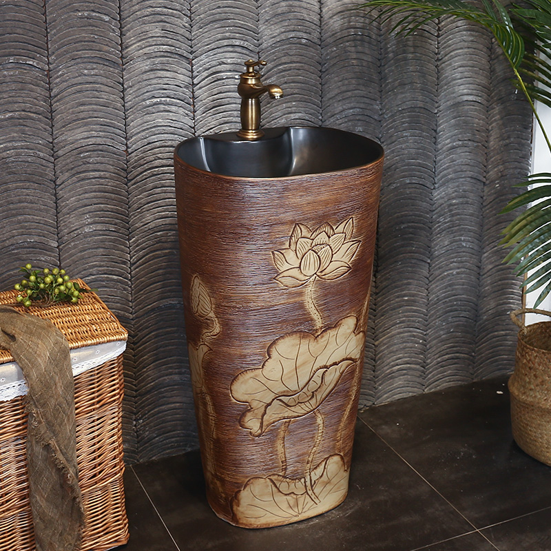 Carved retro ceramic column type lavatory sink basin one floor is suing balcony column basin