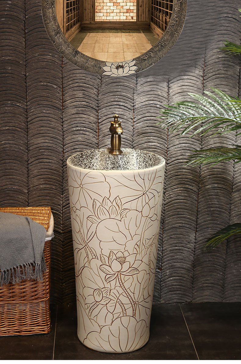 Tom Wang Bai lotus carving pillar basin sink basin on floor balcony ceramic column type lavatory