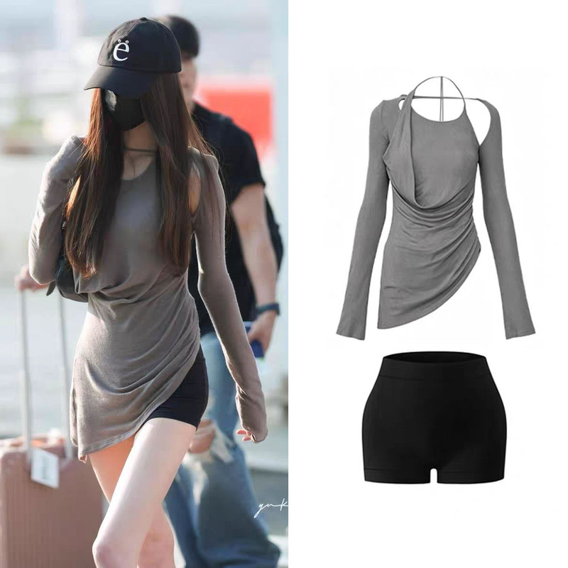 Celebrity Zhang Yuanying's Same Style Casual Long-Sleeve T-Shirt for Women, Slim Fit, Elegant Gray Top for Summer Celebrity Zhang Yuanying's Same Style Casual Long-Sleeve T-Shirt for Women, Slim Fit, Elegant Gray Top for Summer