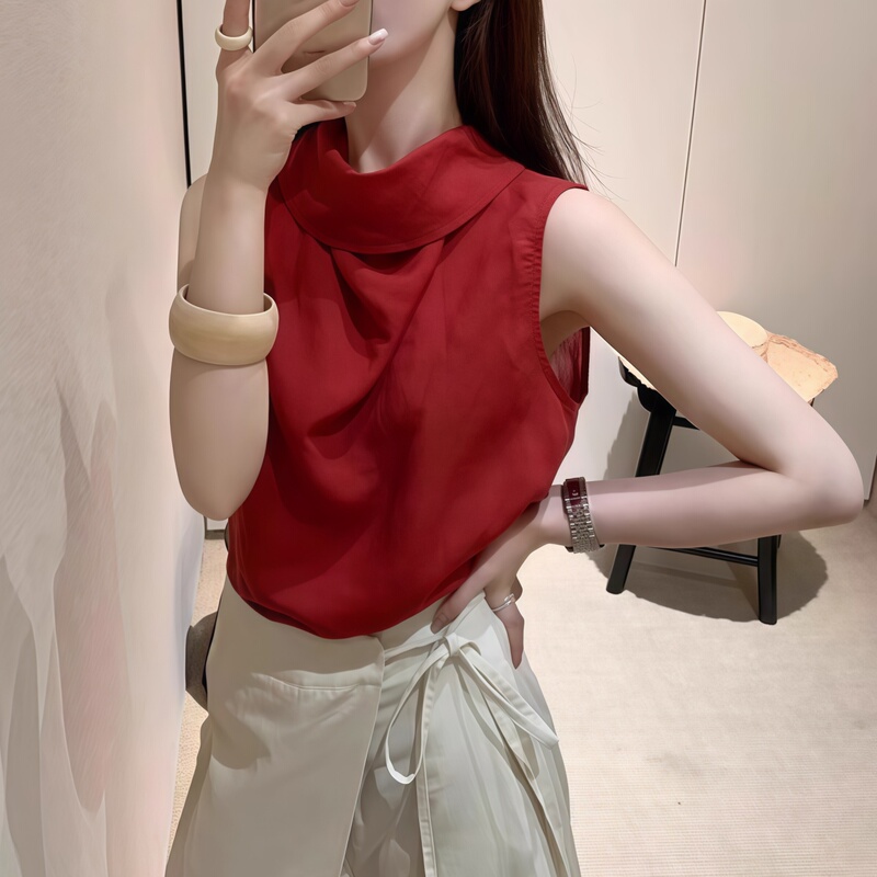 Red Ruffled Collar Sleeveless Thin Shirt with Ribbon for Women, 2026 New Summer Fashion Stylish Unique Vest Top