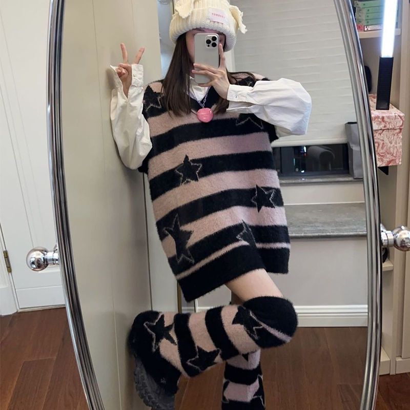 Striped Star Y2K Style Cultural Embroidered Sweater for Women, Autumn and Winter, Detachable Sleeves, Knitted Vest Top