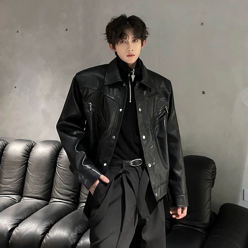 American-Style Short Padded Leather Jacket for Men, Spring and Autumn Trendy Brand, Cool Street Style Pu Leather Jacket with a High-End Feel, Biker Jacket American-Style Short Padded Leather Jacket for Men, Spring and Autumn Trendy Brand, Cool Street Style Pu Leather Jacket with a High-End Feel, Biker Jacket