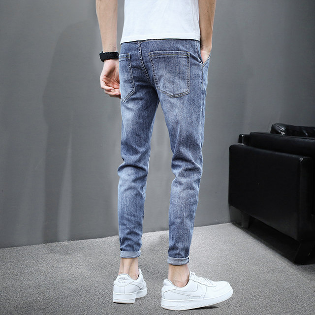 Ripped jeans ຍີ່ຫໍ້ trendy ຂອງຜູ້ຊາຍ slim fit ຕີນຂະຫນາດນ້ອຍ 2024 summer ບາງໆແບບເກົາຫຼີ trendy elastic casual pants ເກົ້າຈຸດ