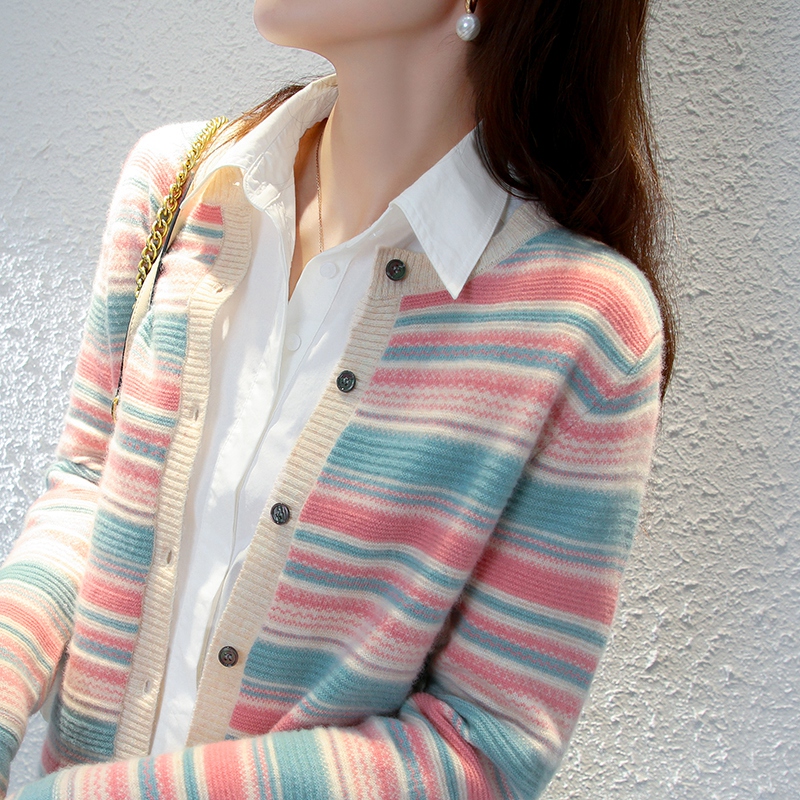 Spring and Autumn Pure Wool Cardigan Women's Round Neck Striped Color Block Thin Jacket Long Sleeve Short Knitted Bottoming Shirt Cashmere Sweater