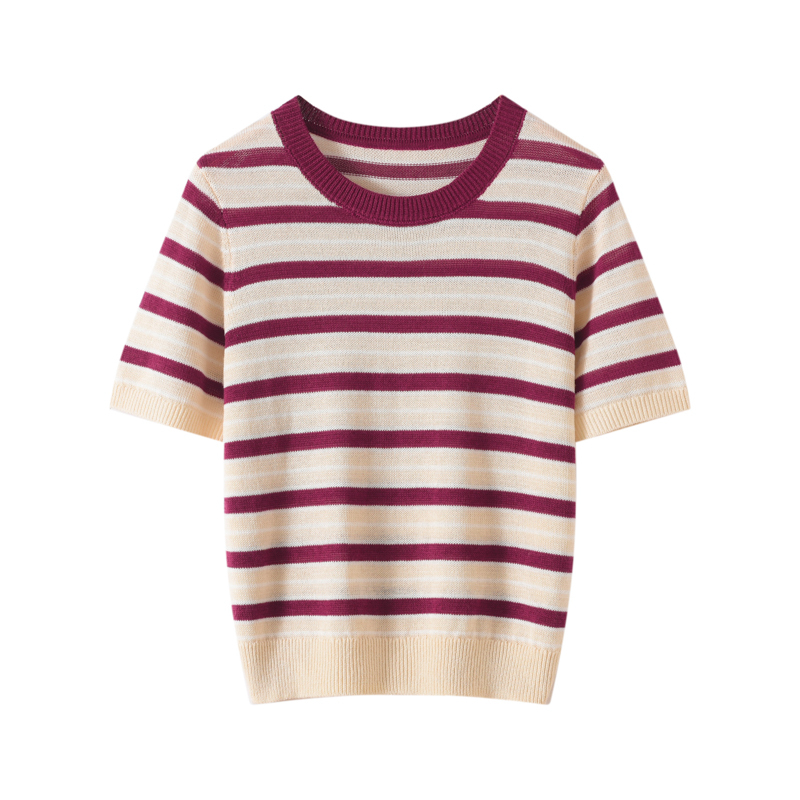 ＜Fine Wool + Japanese Paper＞ Dry and Breathable Red Striped Energetic T-Shirt Knitted Short-Sleeve 2026 New Style Top for Women