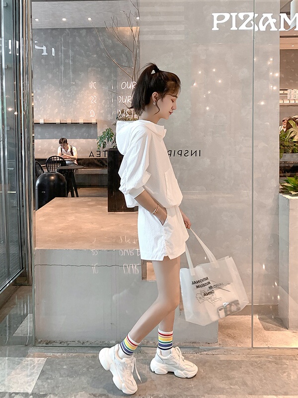 2025 Summer Thin College Style Hollow Batwing Sleeve White Sweatshirt Casual Wide-Leg Shorts Simple Set for Women