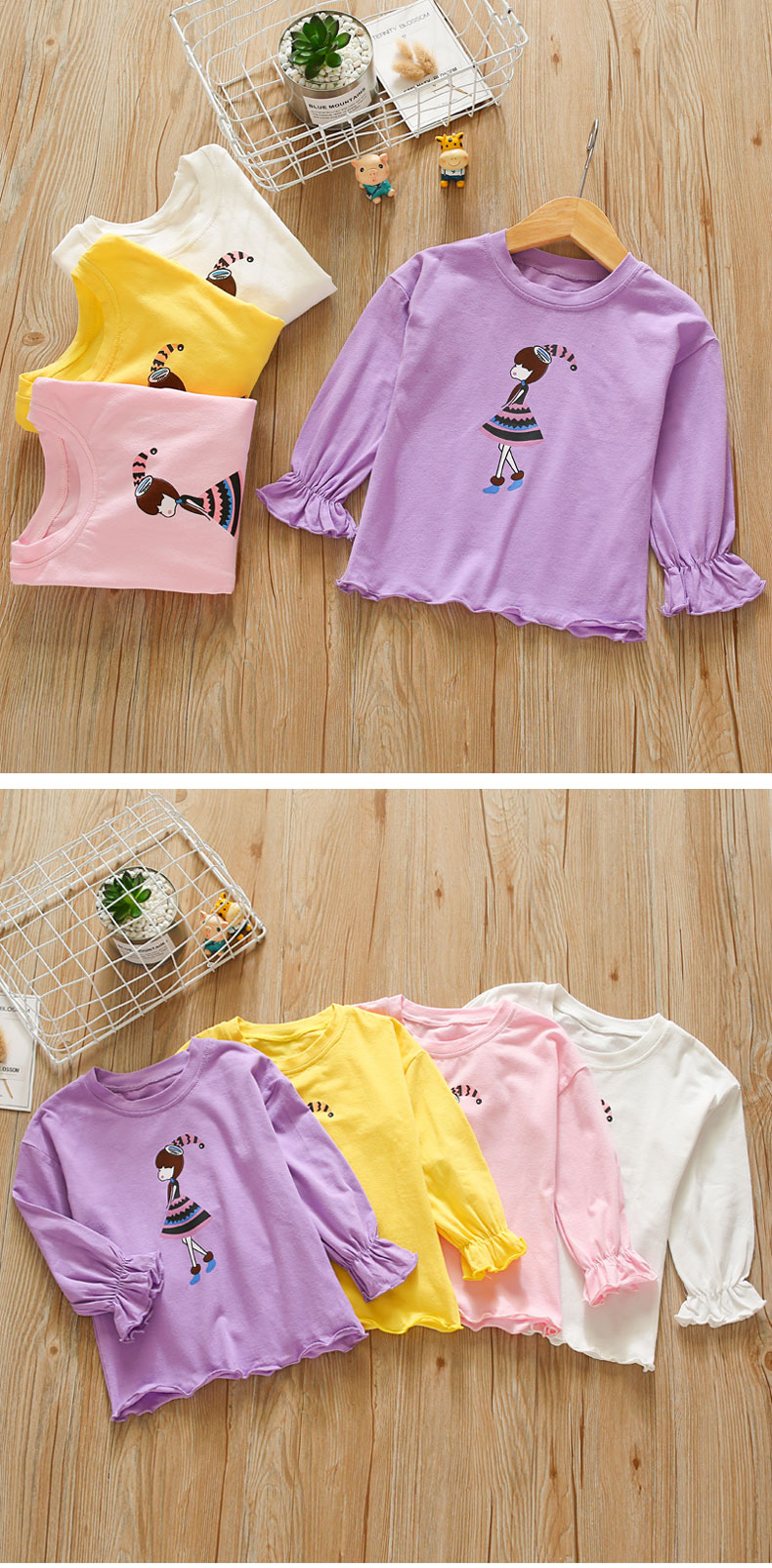 Cô bé búp bê cổ tích mùa thu chạm đáy áo cotton bé cổ tròn mới Áo thun bé gái áo thun đẹp bé trai
