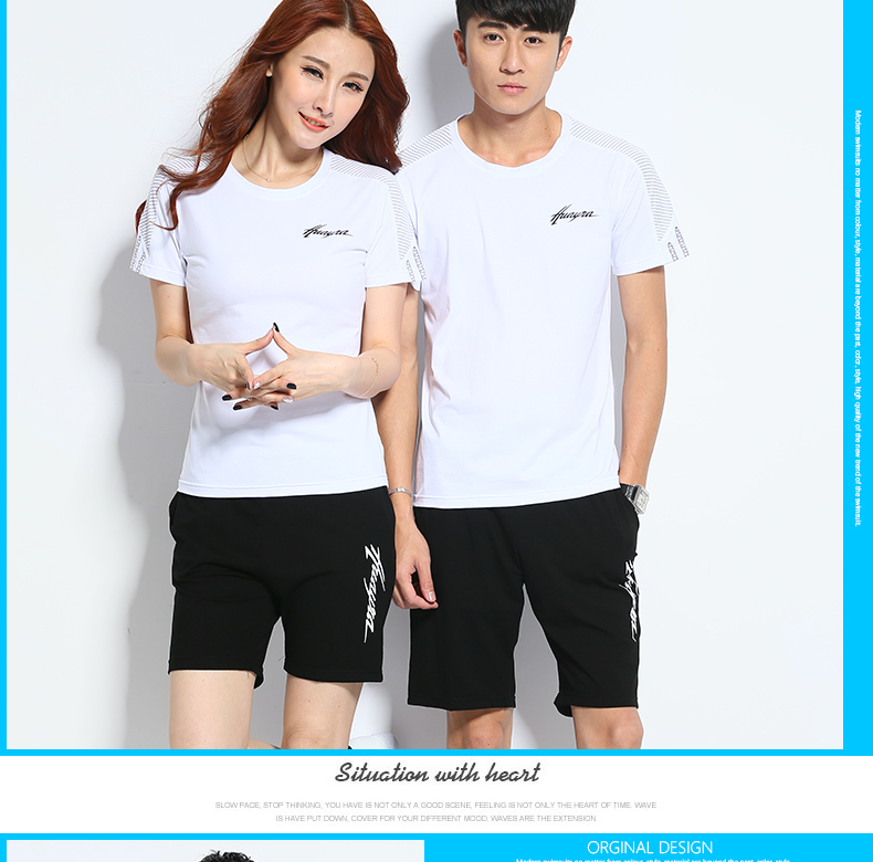 Mùa hè ngắn tay thể thao phù hợp với cặp đôi người mẫu nam và nữ chạy bộ thể thao cotton thoáng mát thấm mồ hôi quần short phù hợp - Thể thao sau bộ quần áo the thao thu đông nữ