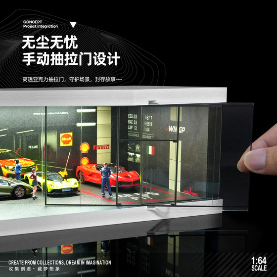 1:64 Scale Illuminated Car Showroom Scene Model Miniature Garage Small Scale Car Model Parking Lot Display Box Ornament