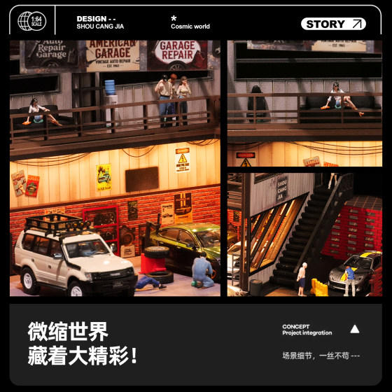 Collector's 1:64 Scale American Repair Shop Scene Parking Lot Model with Lights, Suitable for Tomica Truck Model Garage Decoration