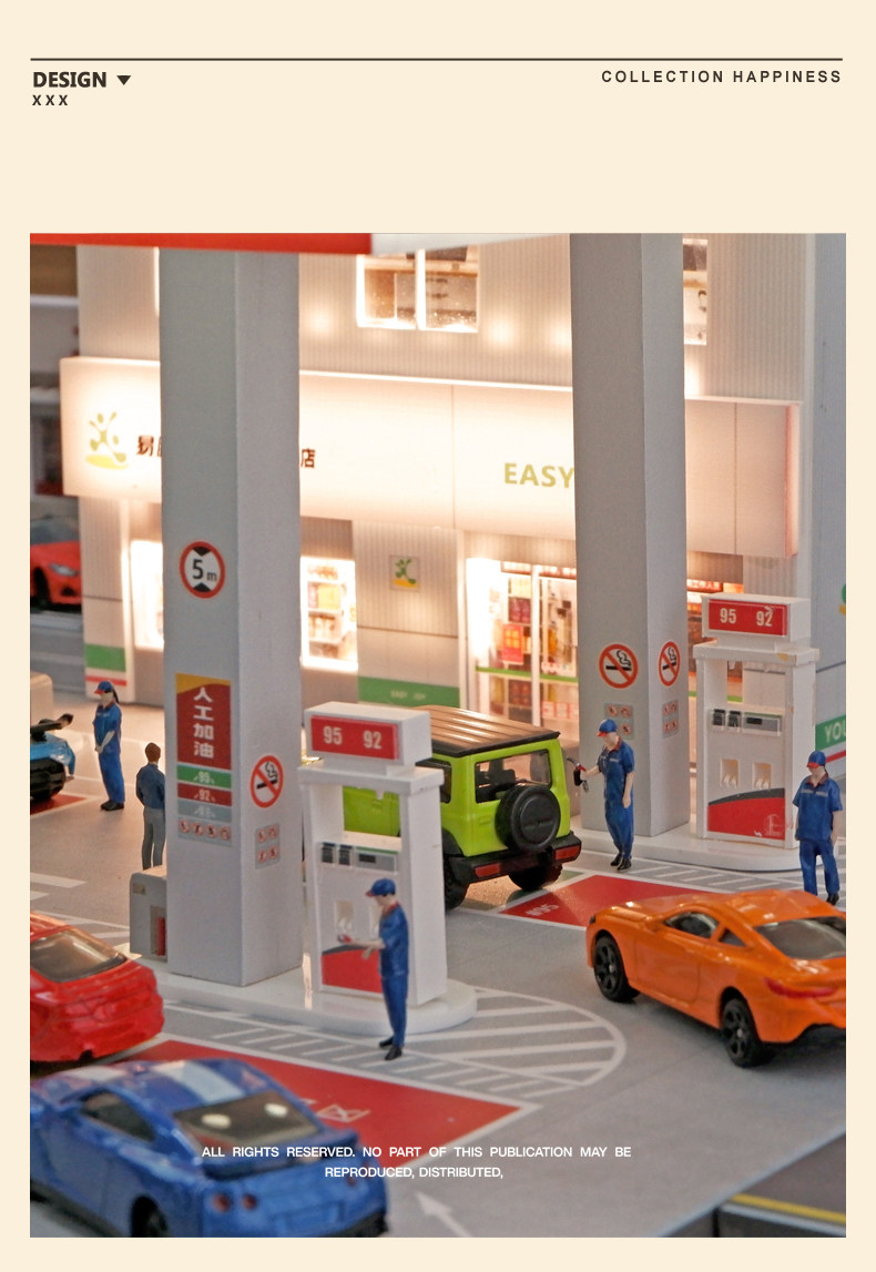 Модель машины 1:64中石化加油站带灯微缩场景拼装停车场模型彷真合金车模收藏