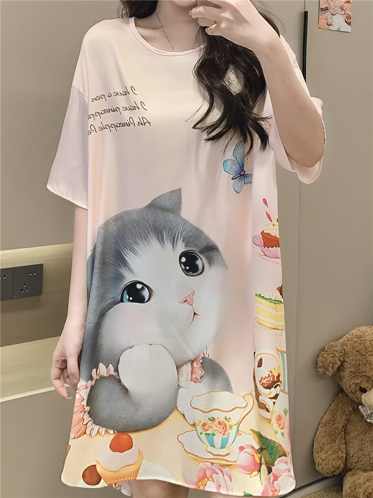 Ice Silk Pajamas for Women, Summer 2026 New Style, Cute Big Cat Pattern, Thin Short-Sleeved Nightdress, Loose Fit, Plus-Size Loungewear