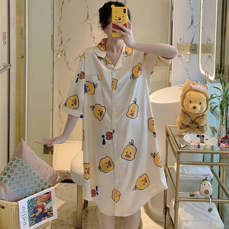 Pajamas women's summer Korean version of cute ice silk thin short-sleeved nightdress loose fat MM can wear net red spring and autumn home clothes