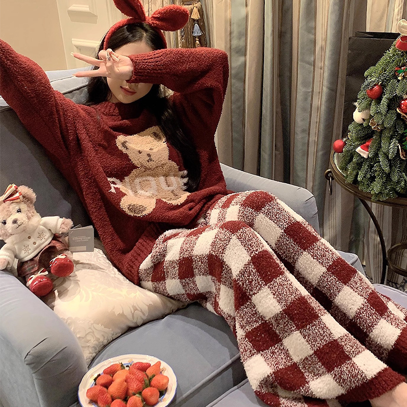 Half-Velvet Pajamas for Women, Winter Thickened and Fleece-Lined, Coral Velvet, Red, ins Festive New Year Set, Christmas Loungewear