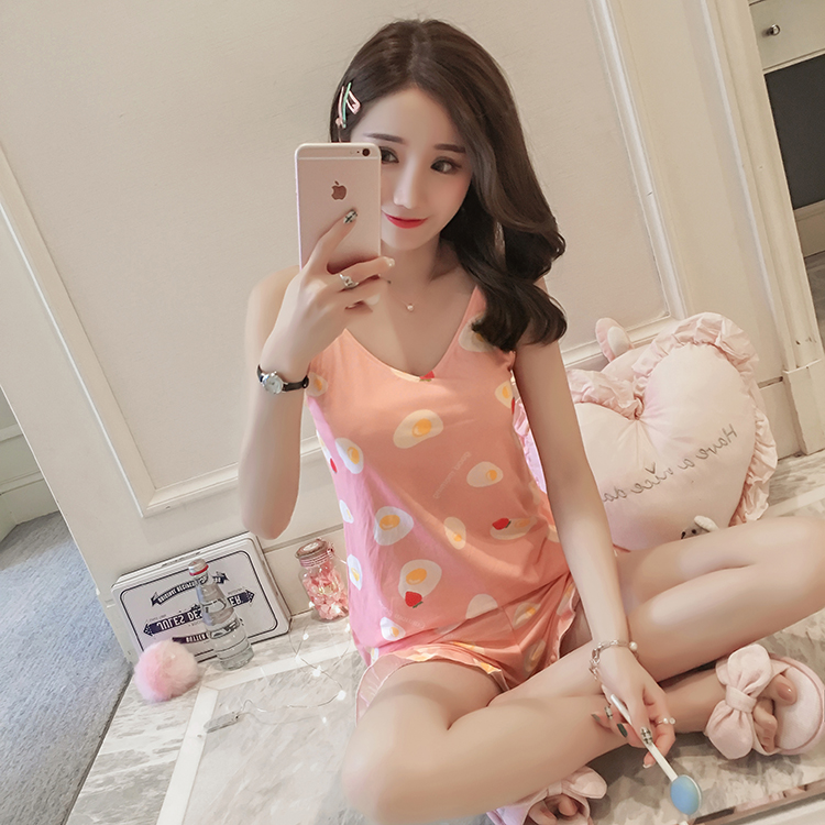 Với bộ đồ ngủ pad ngực nữ mùa hè sexy dây đeo bộ ngắn tay mặc áo ngực miễn phí đồ lót bông hai mảnh nhà dịch vụ