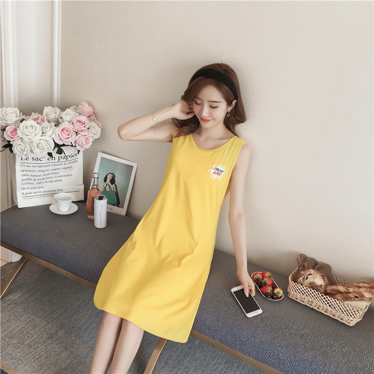 Nightdress nữ mùa hè vest với ngực pad bar áo ngực Hàn Quốc phiên bản sinh viên tươi đồ ngủ cotton không tay có thể được đeo