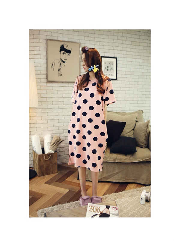 Nightdress nữ mùa hè bông ngắn- tay dot Hàn Quốc đồ ngủ nữ mùa hè lỏng dài dễ thương phim hoạt hình bông dịch vụ nhà