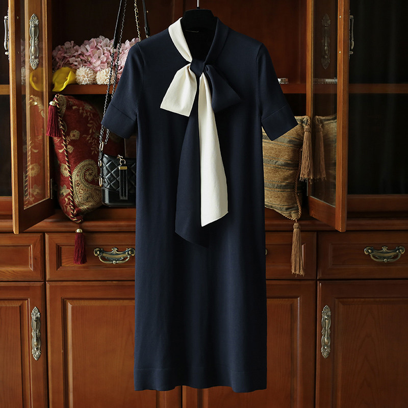 More than just a look, navy blue short-sleeved neckline contrast color tie mid-length dress women's summer 2020 new style