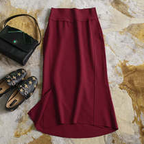 Recessed stylist Divine Instrumental Large Long Leg Wine Red High Waist Sashimi Body Wrap Hip Step Skirt Half Body Dress Woman Spring Medium Length