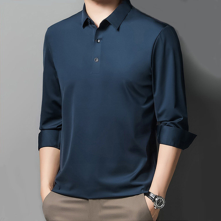 Autumn high-end mulberry silk long sleeve T-shirt men Middle-aged business leisure solid color lapel silk T-shirt