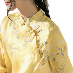 棉麻絮 宽松印花长袖衬衫