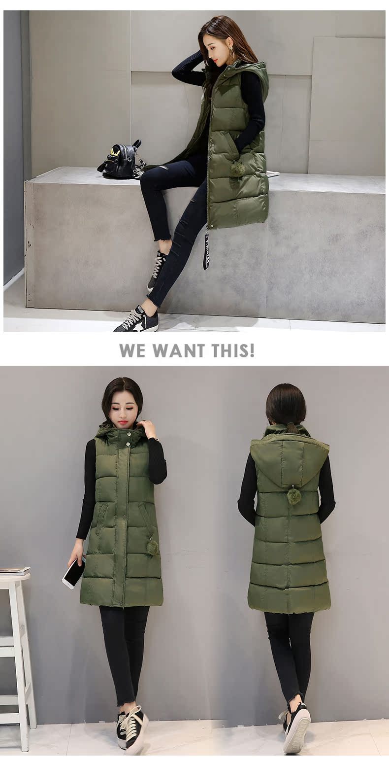 Áo vest nữ mùa thu đông mới phiên bản Hàn Quốc của áo trùm đầu Slim dài xuống áo khoác cotton nữ dày áo ấm đầm dài qua gối cho tuổi trung niên
