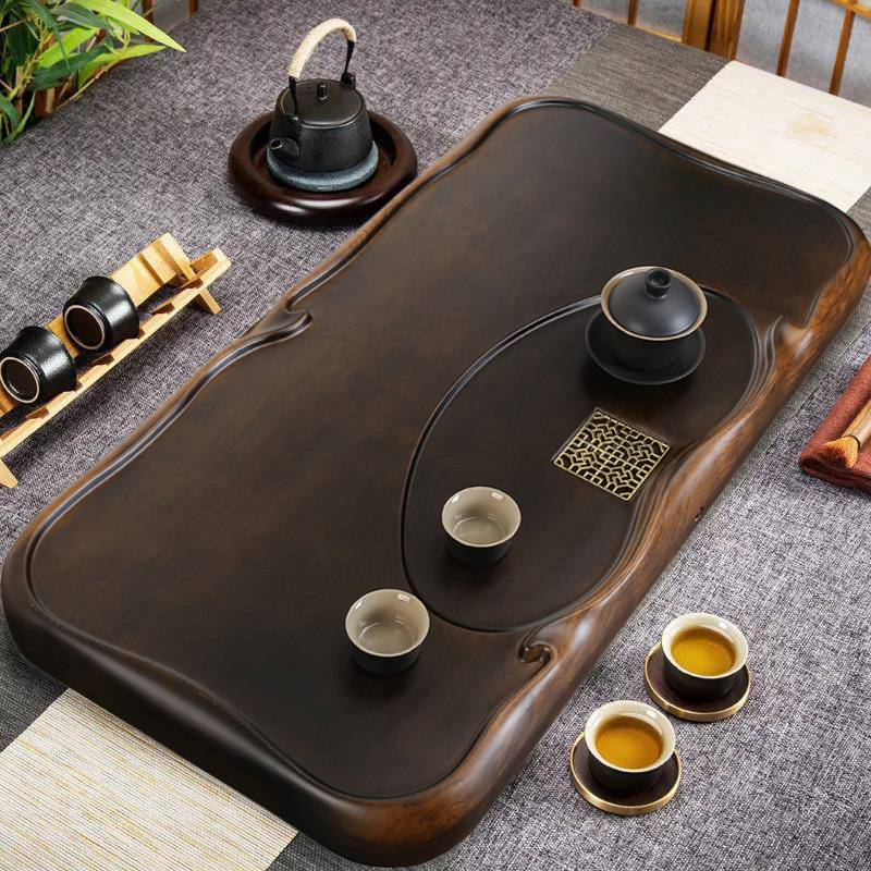 Ebony tea tray whole solid wood log household tea table large tea sea rectangular drainage kung fu tea set simple