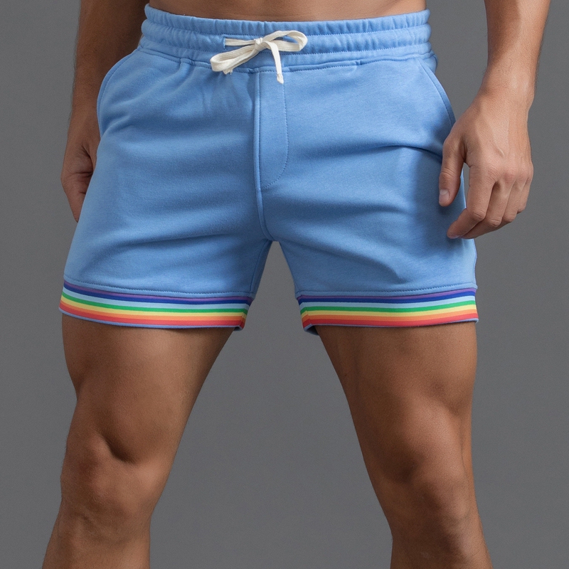 High-End Pure Cotton Summer Sports Shorts for Men with Rainbow Webbing, Casual Slim-Fit Straight-Leg Training Running Fitness Shorts
