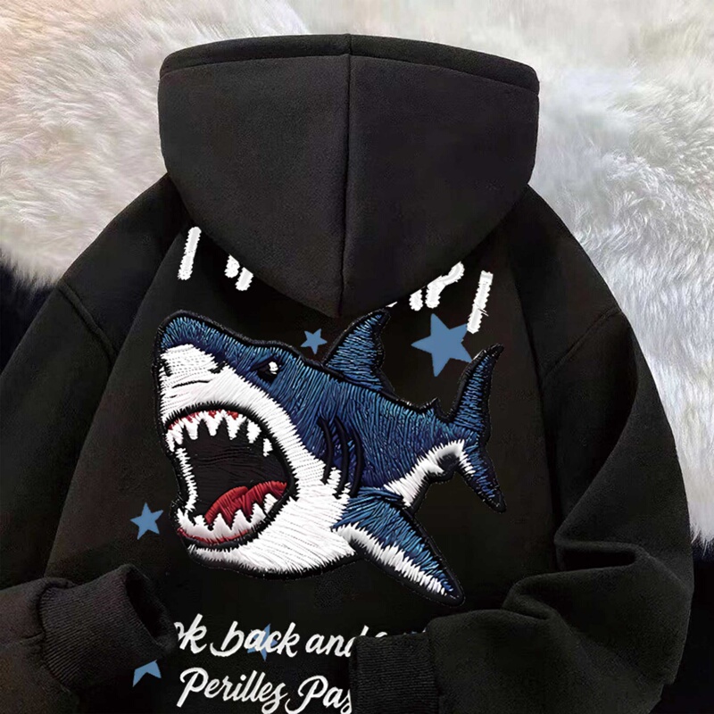 Trendy Brand Shark Imitation Embroidery New Style Sweatshirt, Loose Fit, Autumn and Winter, Fleece-Lined, Thickened, Unique Street Style, Unisex Couple's Top