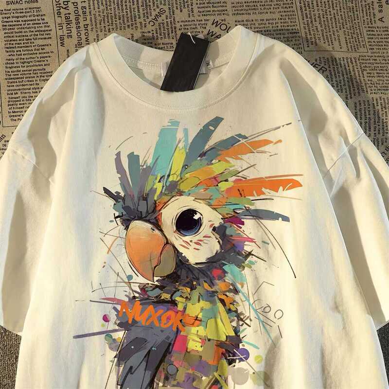 100% Pure Cotton American-Style Art Illustration Parrot Print Short-Sleeve T-Shirt 2024 Summer Round-Neck Casual Top Trendy