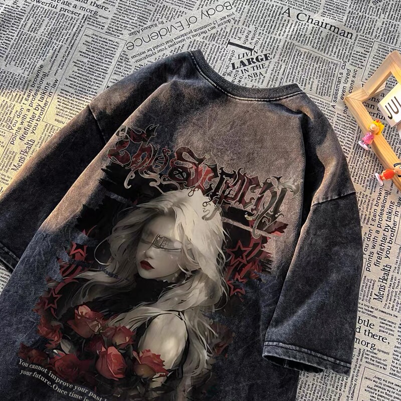 American Retro Character Print Washed Vintage Pure Cotton Short-Sleeve T-Shirt Summer Trendy Hip-Hop Cool Half-Sleeve Tee