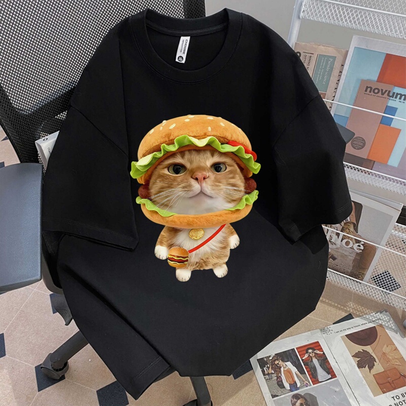 New Fun Black Short-Sleeved T-Shirt for Men and Women, Same Style for Couples, Hamburger Cat Print, Fun and Versatile Top New Fun Black Short-Sleeved T-Shirt for Men and Women, Same Style for Couples, Hamburger Cat Print, Fun and Versatile Top