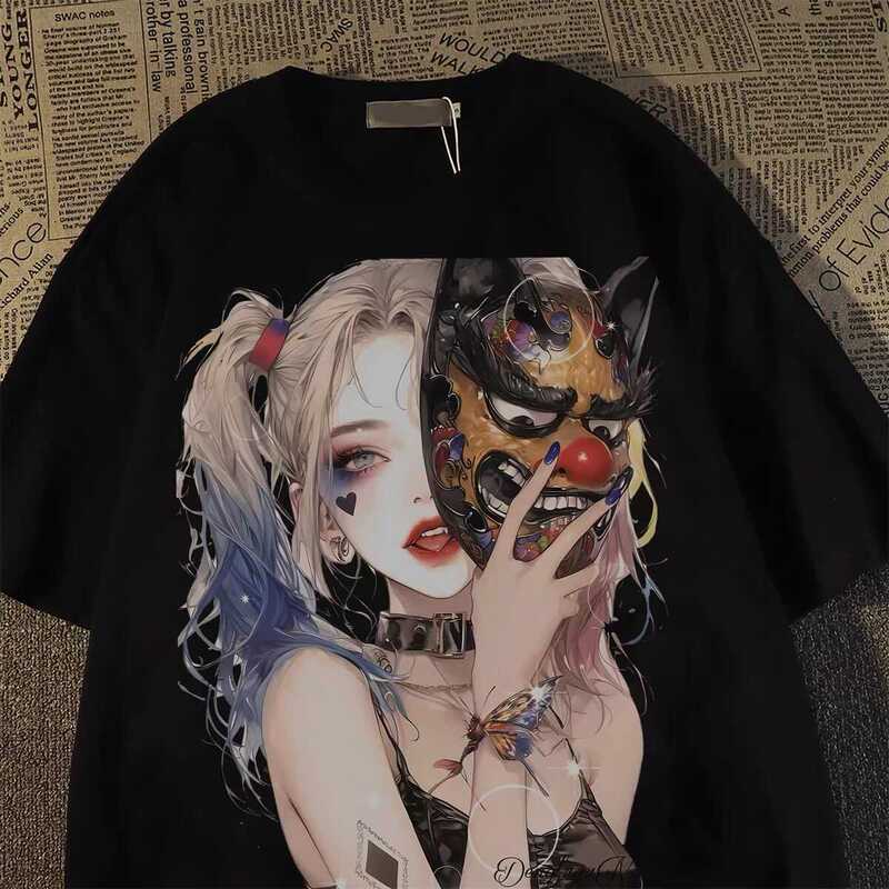 Sweet and Cool Trendy Brand Harley Quinn Print Short-Sleeve T-Shirt for Men and Women 2024 New Loose High Street Oversize Top for Summer