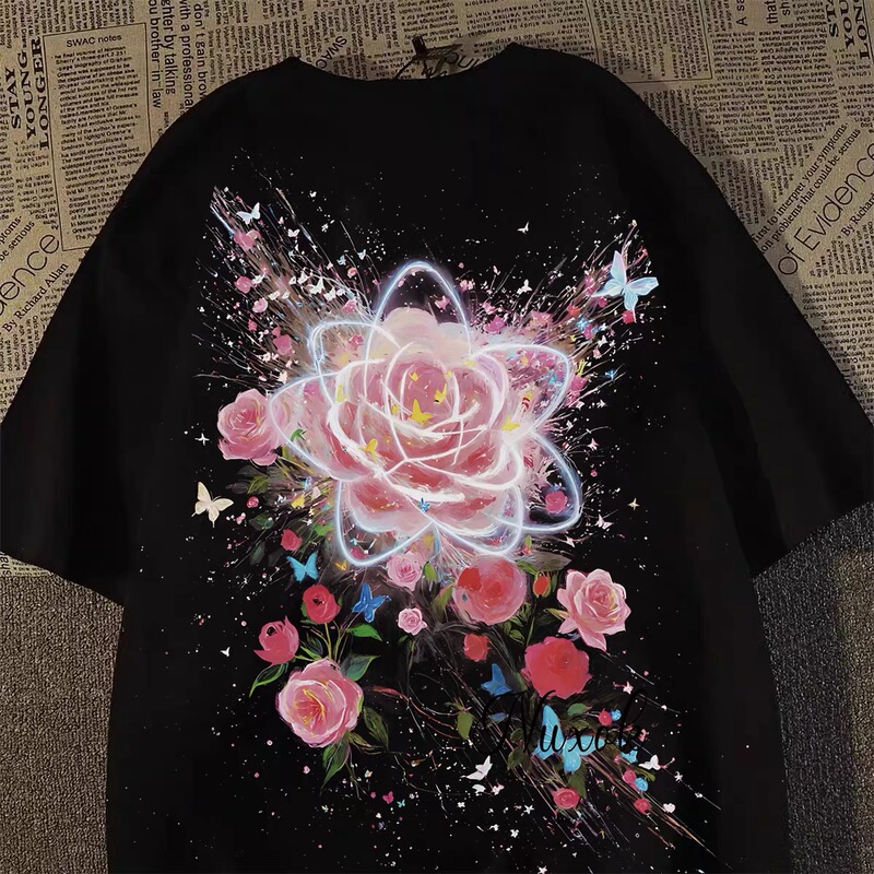 American High Street Retro Vintage Rose Short-Sleeved T-Shirt for Men and Women, New Summer Style Pure Cotton Oversize Top American High Street Retro Vintage Rose Short-Sleeved T-Shirt for Men and Women, New Summer Style Pure Cotton Oversize Top