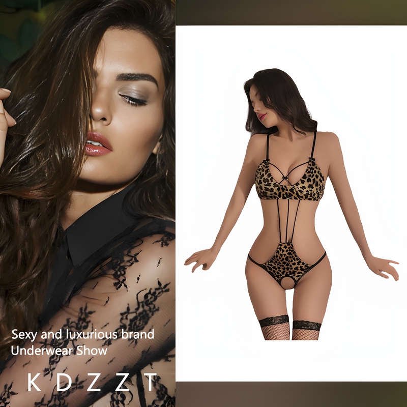 Kdzzt French Design Sexy Little Cheetah Hollow-Out Cross-Strap Bra Leopard Print Bodysuit Nightgown Series