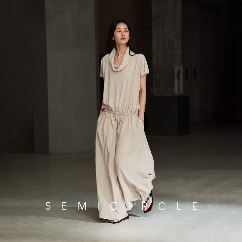 Semicircle Tencel Linen Stacked Collar Short-Sleeved Waist-Cinching Dress for Women 2026 Summer Elegant Long Dress