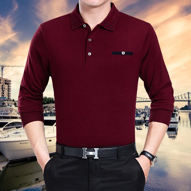 Clothing Car Middle-aged Men's T-shirt long sleeved sweater pure colored clothes for Leisure Daddy