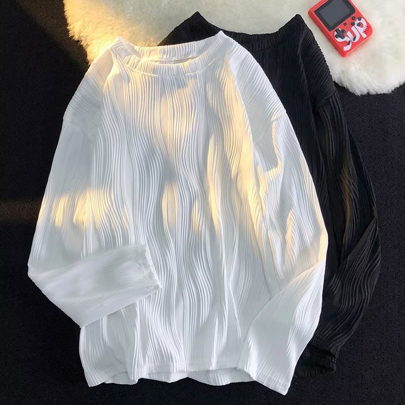 Trendy Pleated Long-Sleeve T-Shirt for Men, Autumn Textured Top, Korean Style ins Trendy Loose Versatile Casual Tee Trendy Pleated Long-Sleeve T-Shirt for Men, Autumn Textured Top, Korean Style ins Trendy Loose Versatile Casual Tee