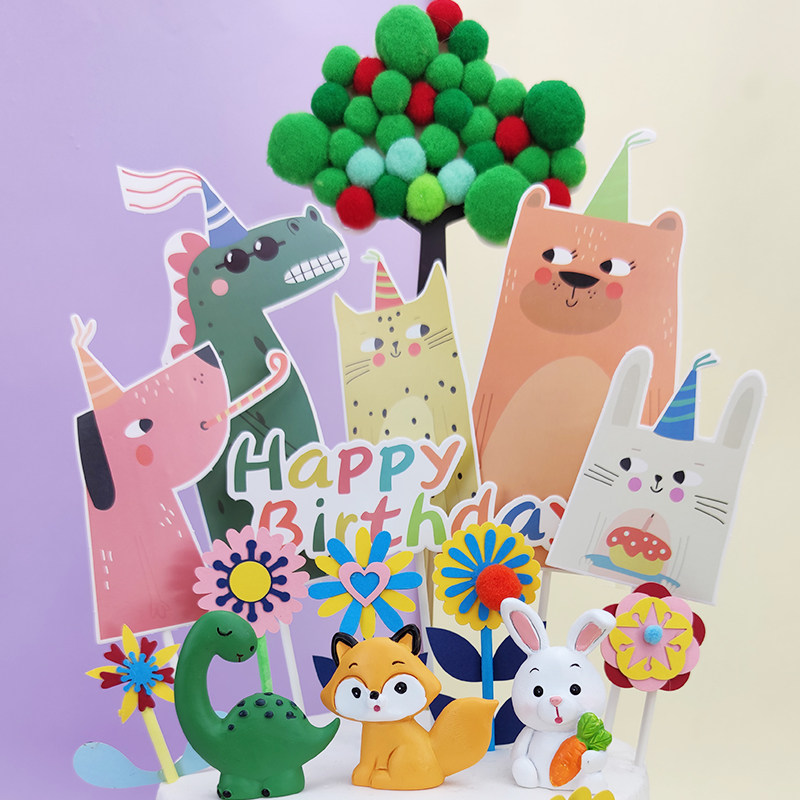 Baking cake decoration forest resin animal cartoon male and female baby birthday party rabbit tiger card plug-in