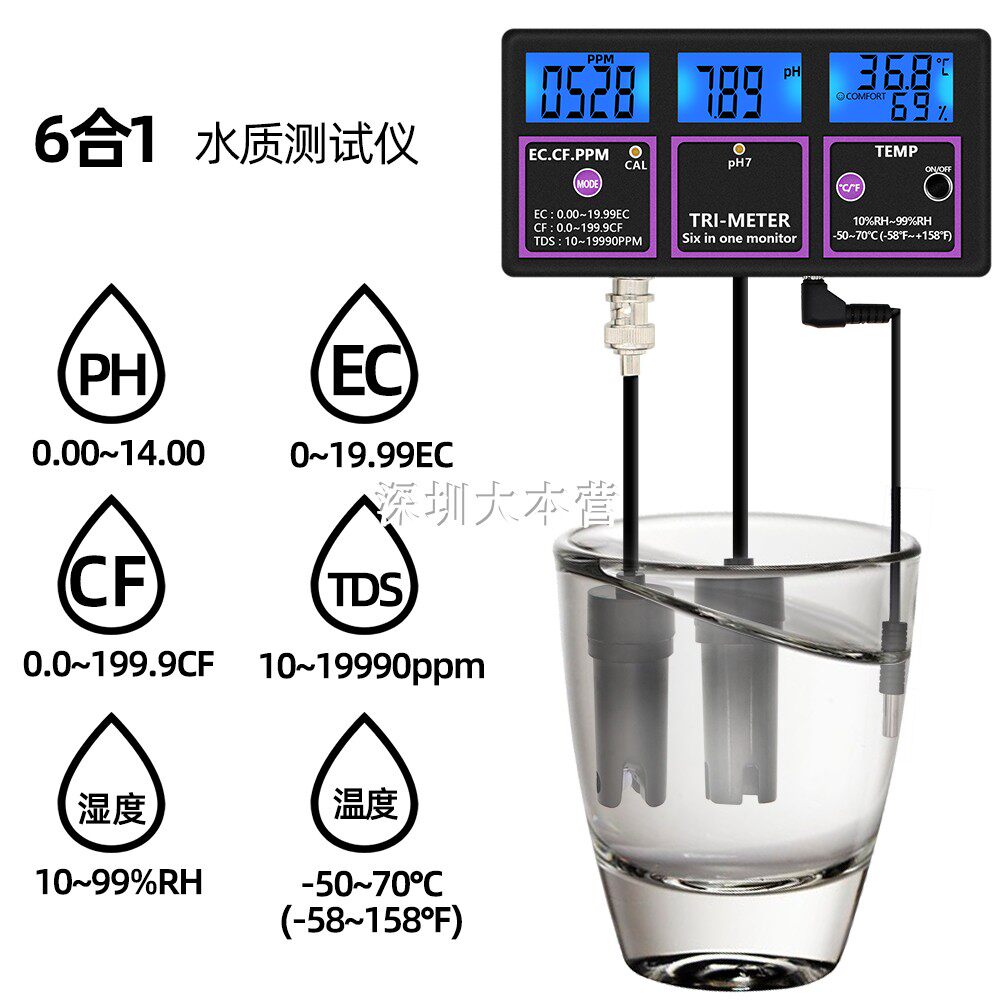 6-in-1 PH meter monitor test PH temperature EC CF RH TDS digital water quality multi-parameter tester