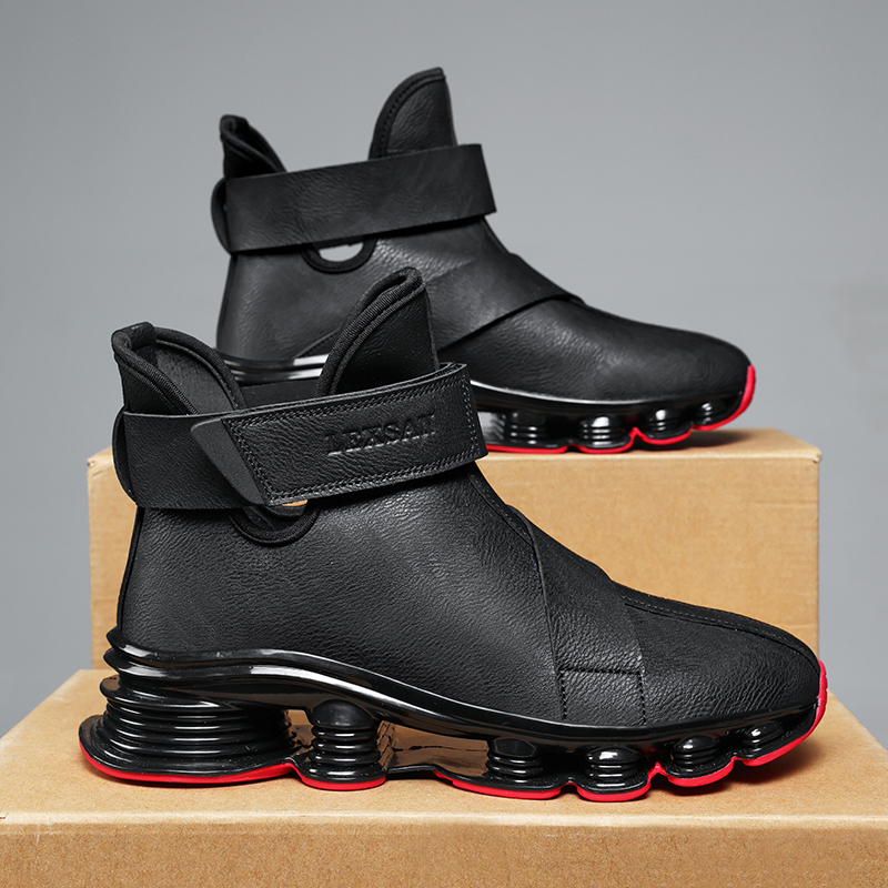 2025 Autumn/Winter Men's Leather Versatile High-Top Shoes Boots Waterproof Thick-Soled Height-Increasing Sneakers Trendy Casual Shoes