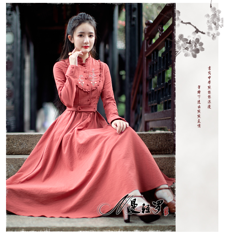 Người đàn ông ánh sáng Luo retro văn học dài tay cổ áo thêu đoạn dài đu lớn cao eo là mỏng mùa thu mới bông và vải lanh ăn mặc đồ nữ