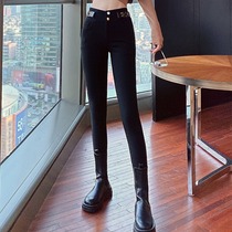 Black Beats Bottom Pants Woman 2020 Winter High waist splicing BAO WEN Lean Hip Plus Suede Thickened Skinny Pants Woman