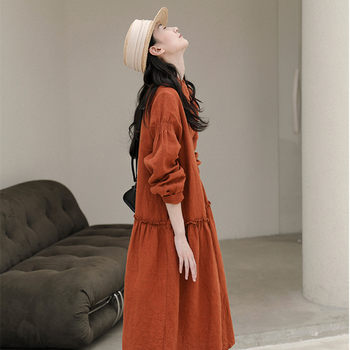 Literary cotton and linen dress spring long-sleeved loose a-line mid-length skirt ladies splicing shirt skirt autumn linen