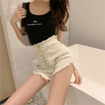 Summer New ins strappy high-waisted denim shorts Women a-shaped burrs fashion hot pants white pants women sexy tide