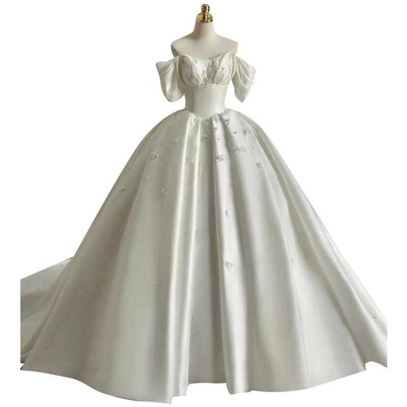 One -shoulder Main wedding dress 2024 new bride high -end texture heavy work luxurious temperament out door gauze satin drag tail One -shoulder Main wedding dress 2024 new bride high -end texture heavy work luxurious temperament out door gauze satin drag tail