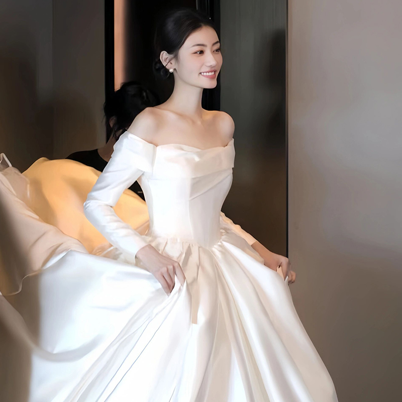 Bridal Wedding Main Wedding Dress 2023 New Straight Shoulder Satin High End Wedding Dress Superior Trailing long sleeves Greeting Dress-Taobao